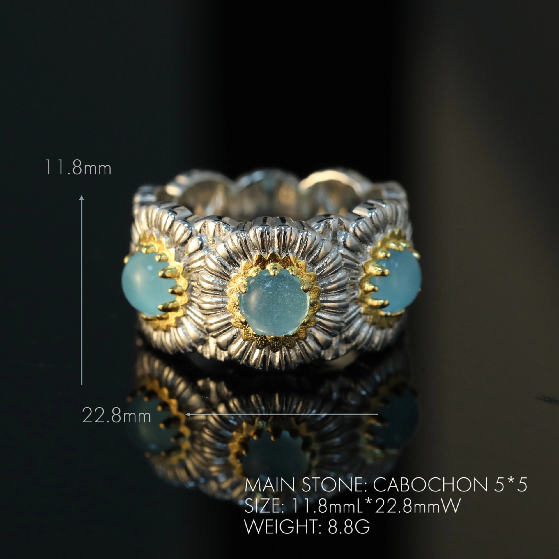 925 Silver Gold-Plated High Carbon Diamond Daisy Blue Agate Ring