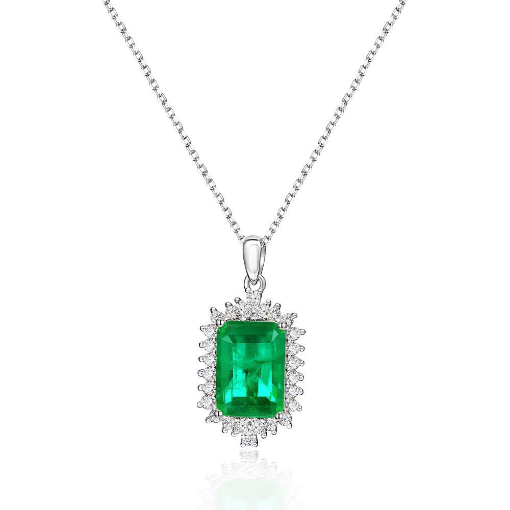 s925 silver 5 carat synthetic emerald pendant light luxury ins necklace 40+5cm