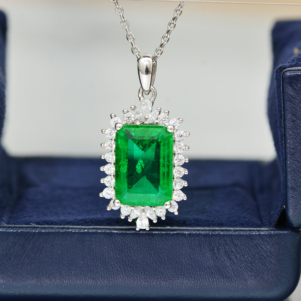 s925 silver 5 carat synthetic emerald pendant light luxury ins necklace 40+5cm