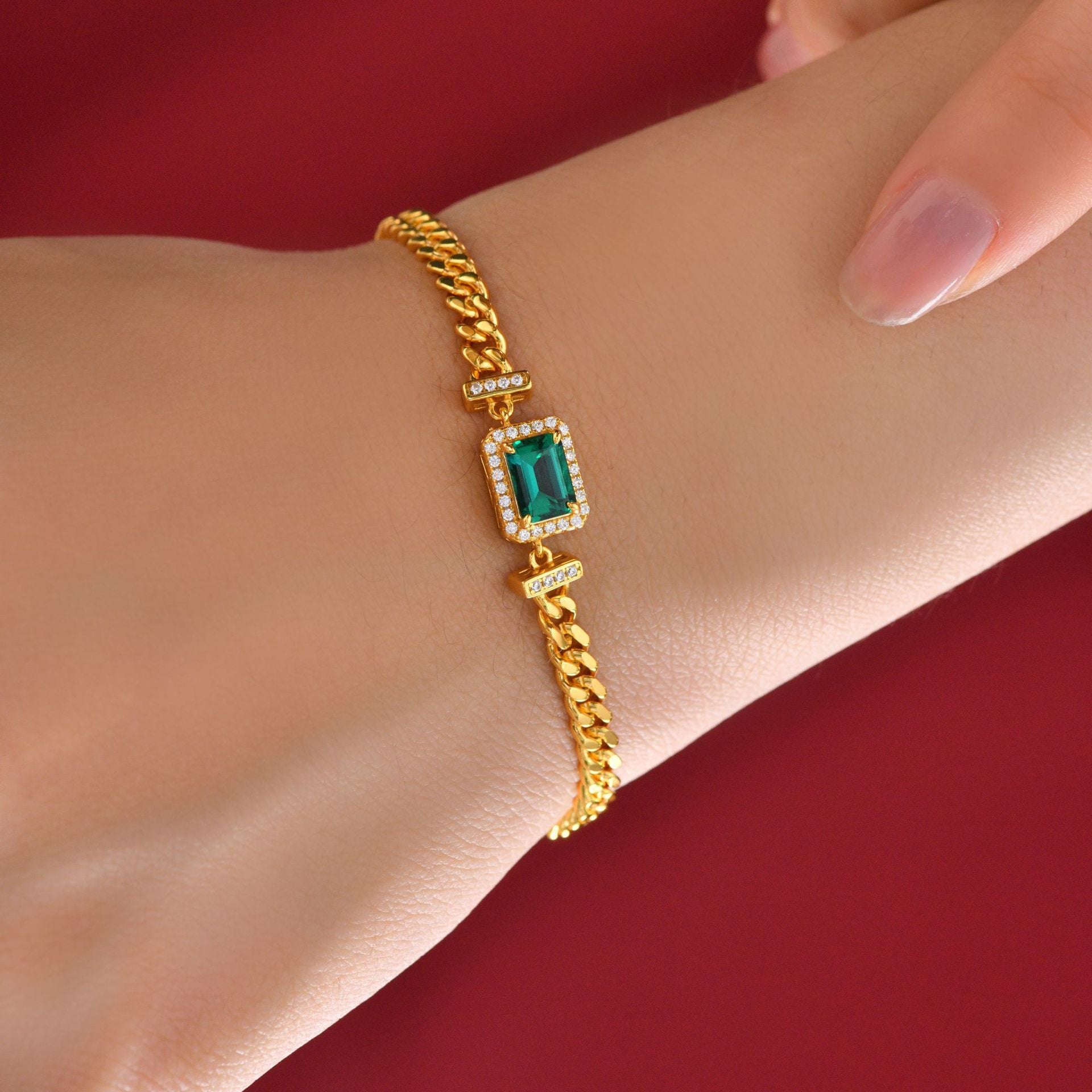 1ct Cultivated Emerald 5*7 Cuban Bracelet European and American Retro Jewelry 15-17cm