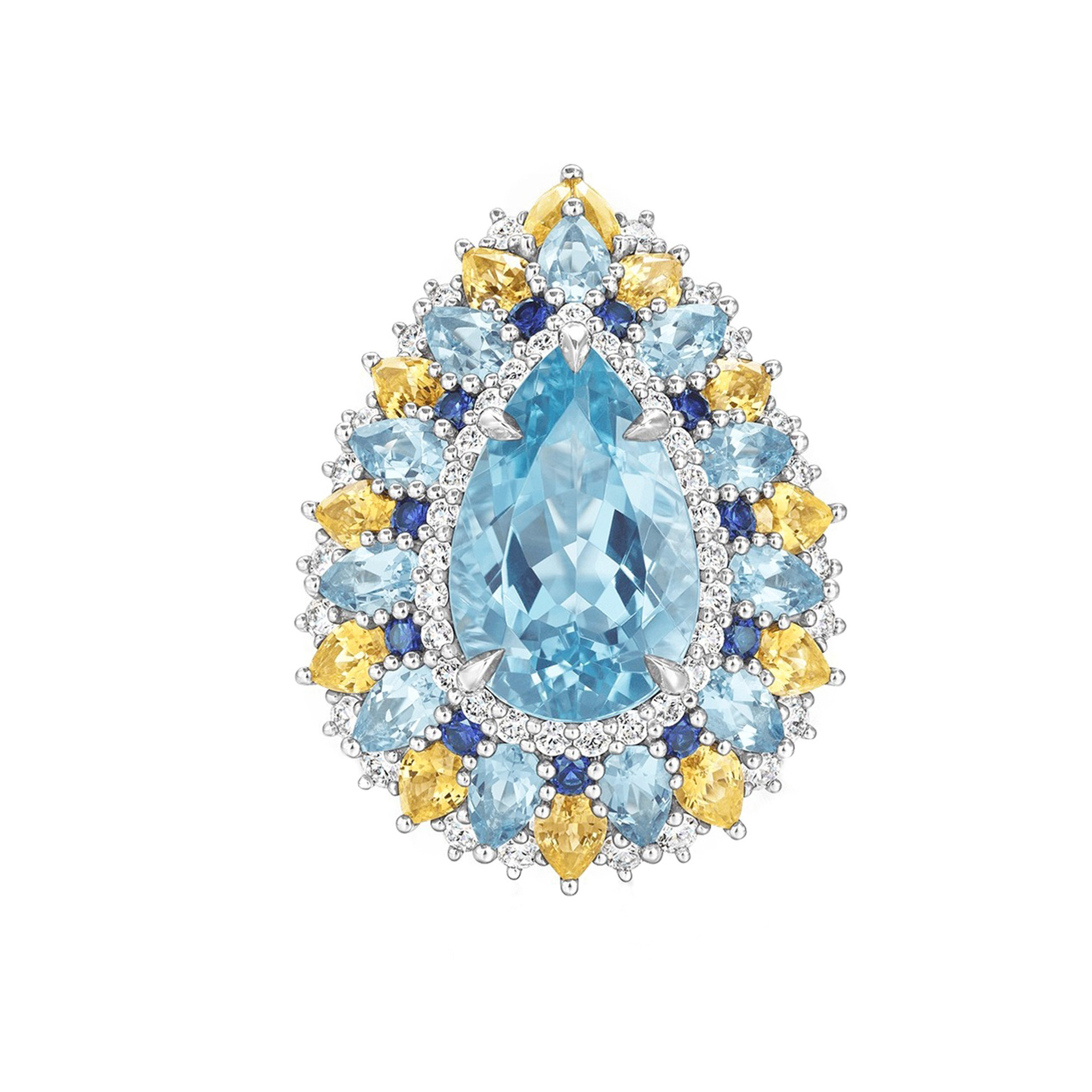 925 Silver Gold-Plated High Carbon Diamond Aquamarine Sea Cocktail Ring