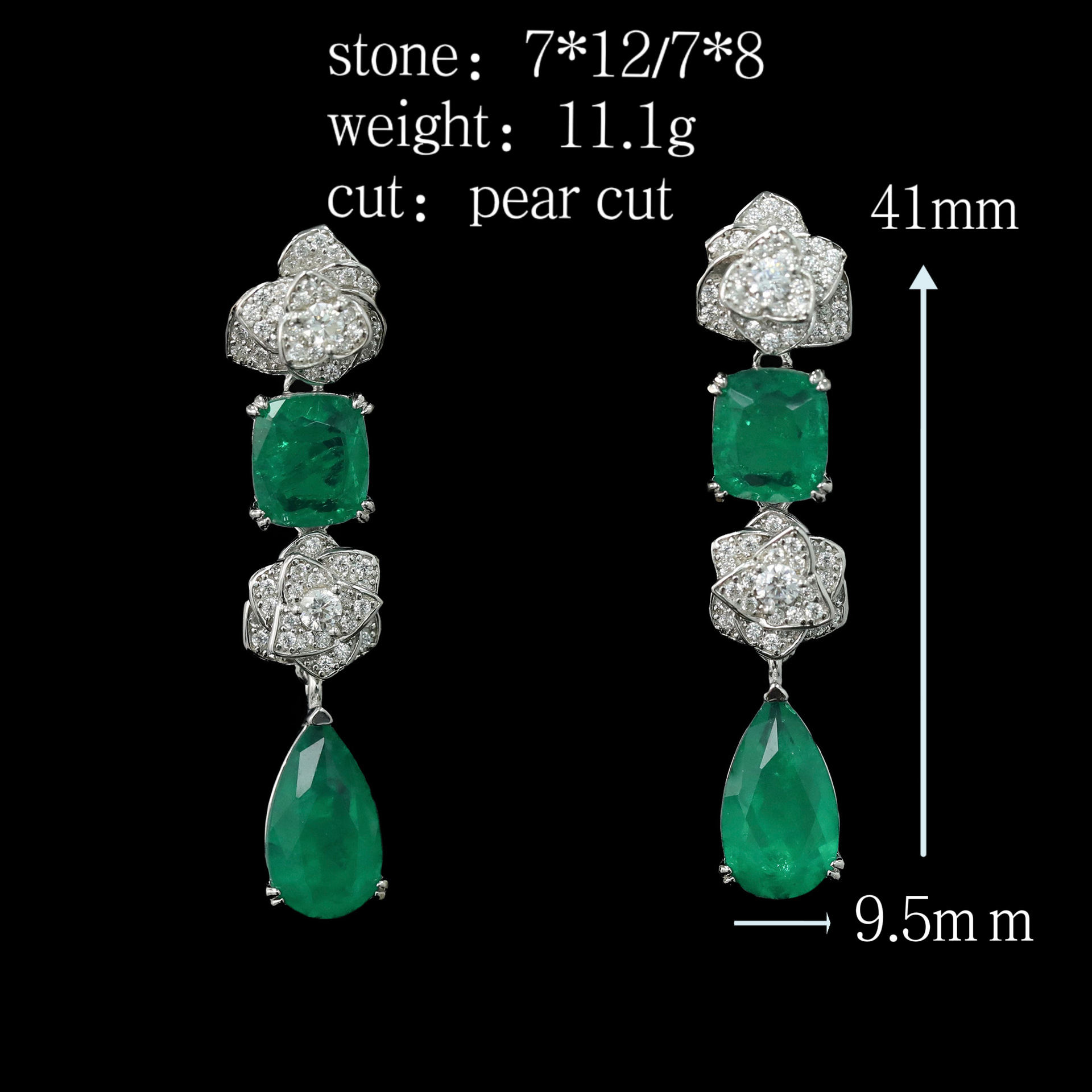 925 Silver Gold-Plated High Carbon Diamond Wood Green Long Earrings – Elegant & Nature-Inspired Design