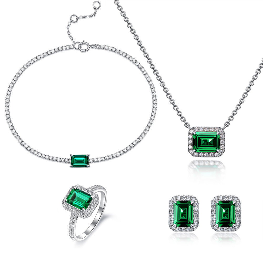 925 sterling silver 2 carat cultured emerald necklace ring European and American light luxury four-piece set