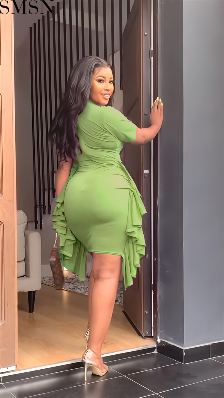 Plus Size Dress European and American AliExpress irregular ruffled slim pleated dress