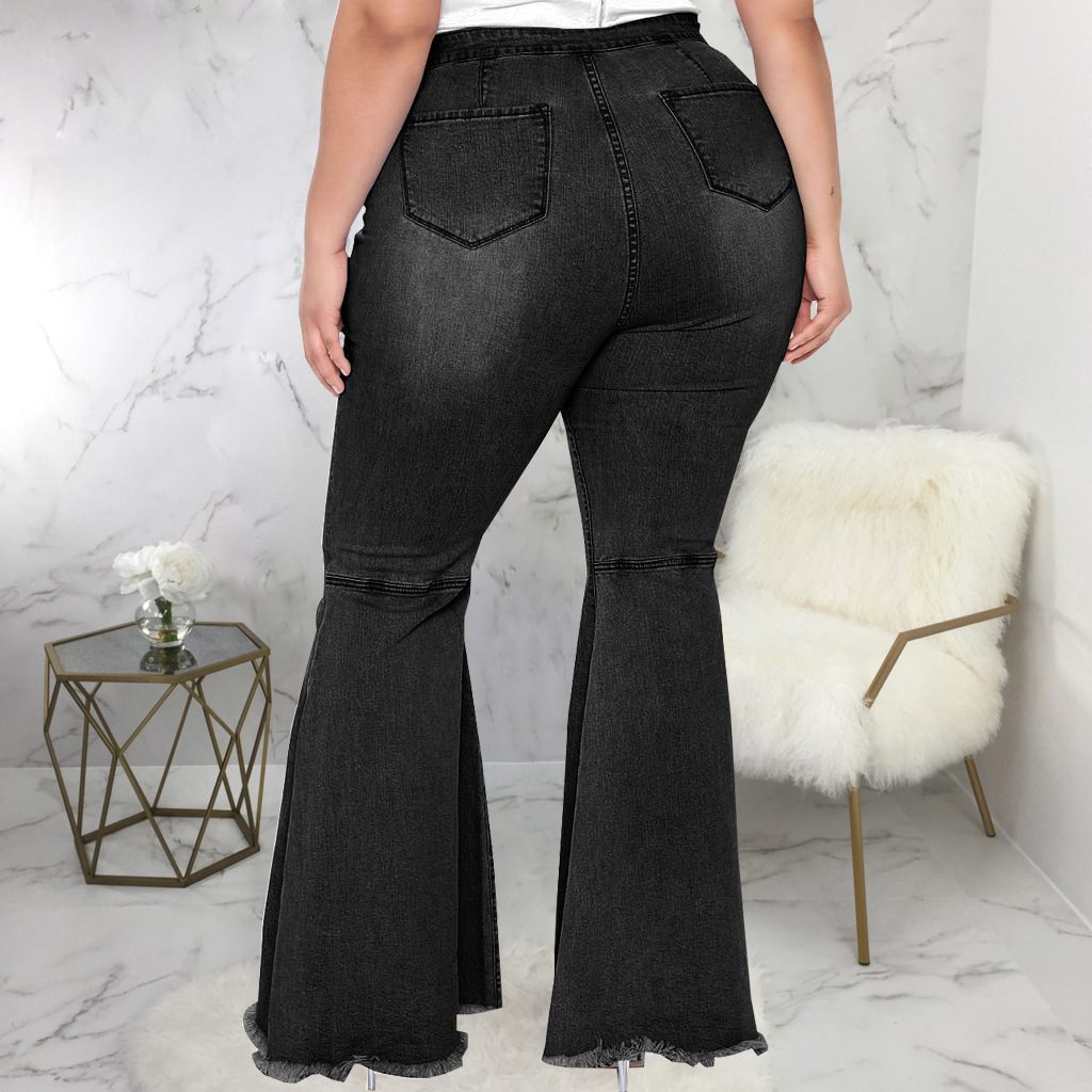 Fashion Slim Fit Wide Leg Perforated Plus Size Flare Jeans