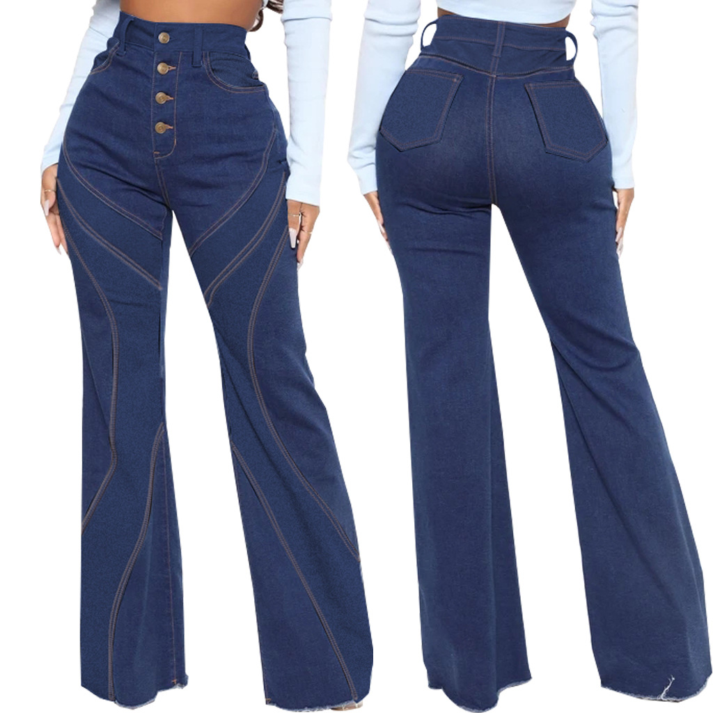 Patchwork denim elastic slim flare pants