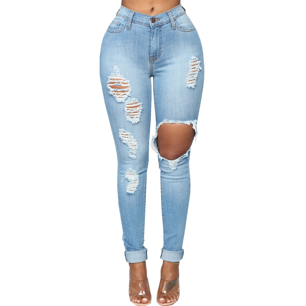 Fashion high waist denim hole tights