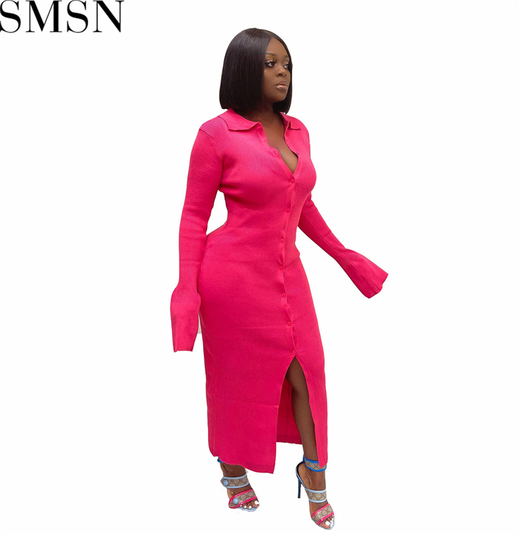 Fashion women dress Amazon long sleeve V neck long button bell sleeve dress sweater