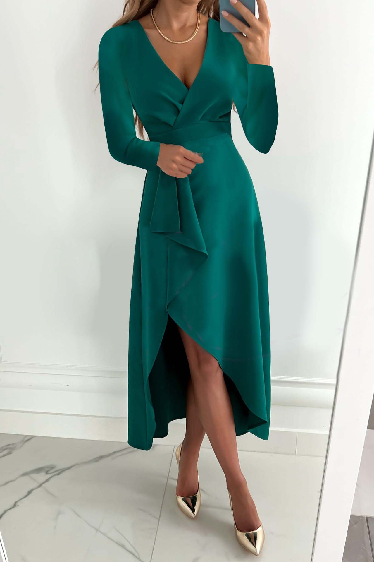 Long Sleeved V-Neck Pleated Hem Slit Dress