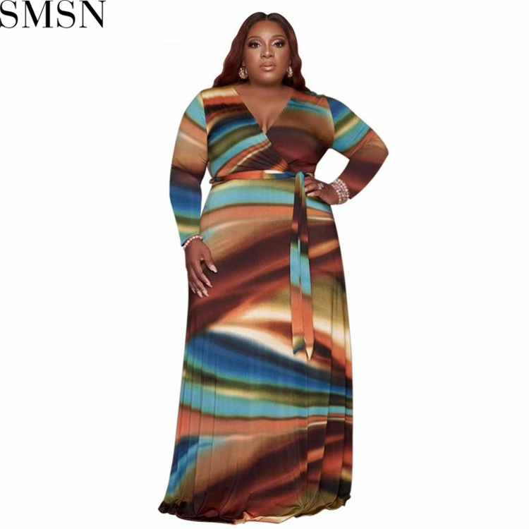 Plus Size Dress Amazon abstract printing with belt deep V neck fashion tight large size dress