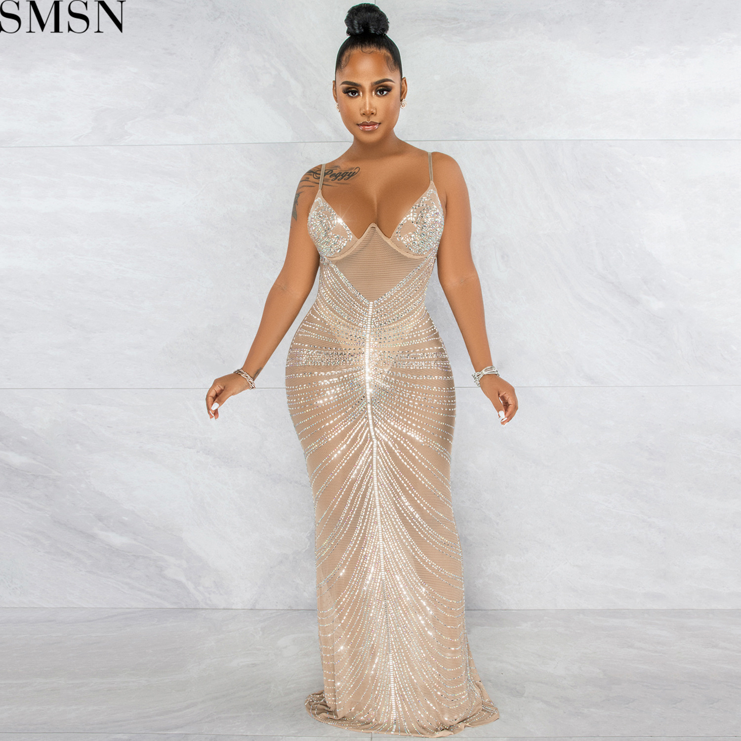 Plus Size Dress new hot rhinestone sexy spaghetti straps chest wrap mesh see-through maxi dress