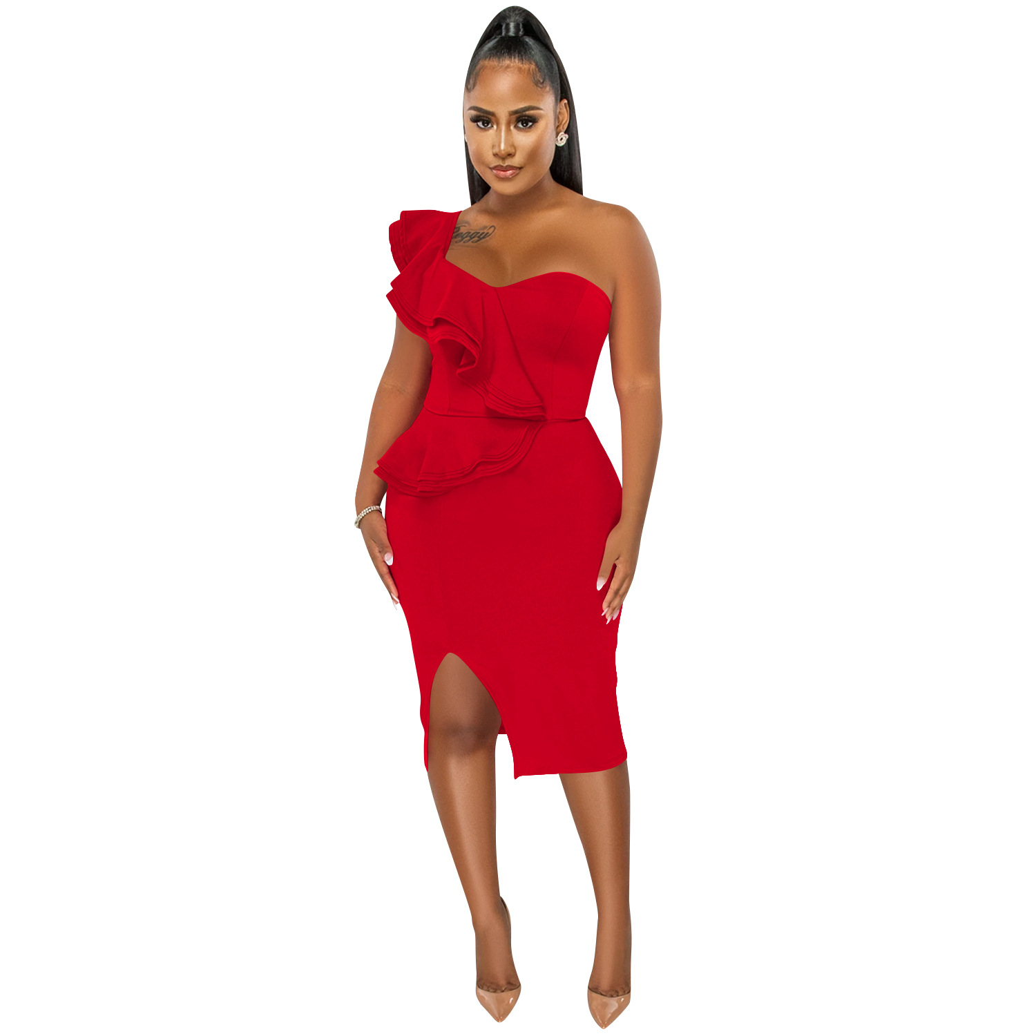 Plus Size DressFashion casual ruffled split one shoulder sleeve dress