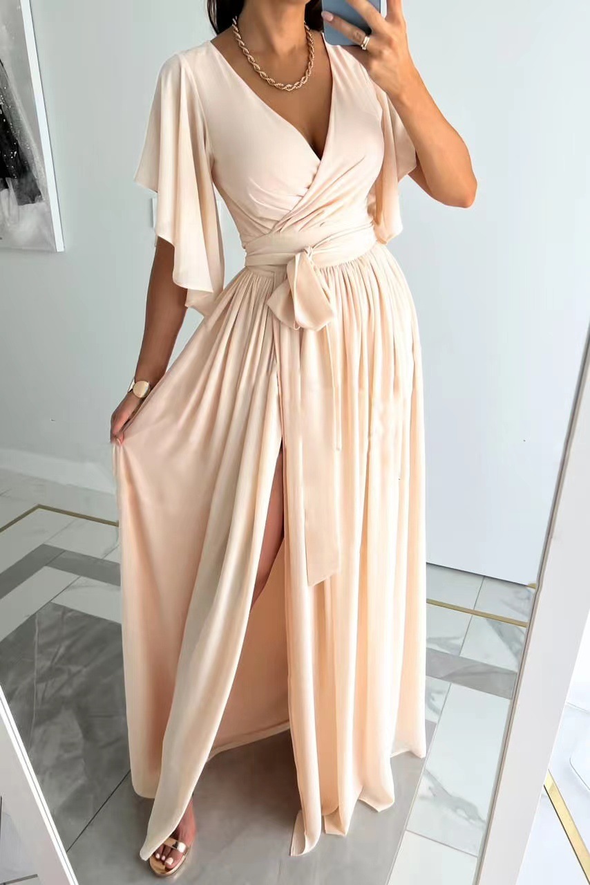 Solid Flare Sleeves Loose V-Neck Floor Dress