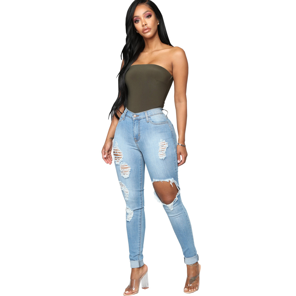 Fashion high waist denim hole tights