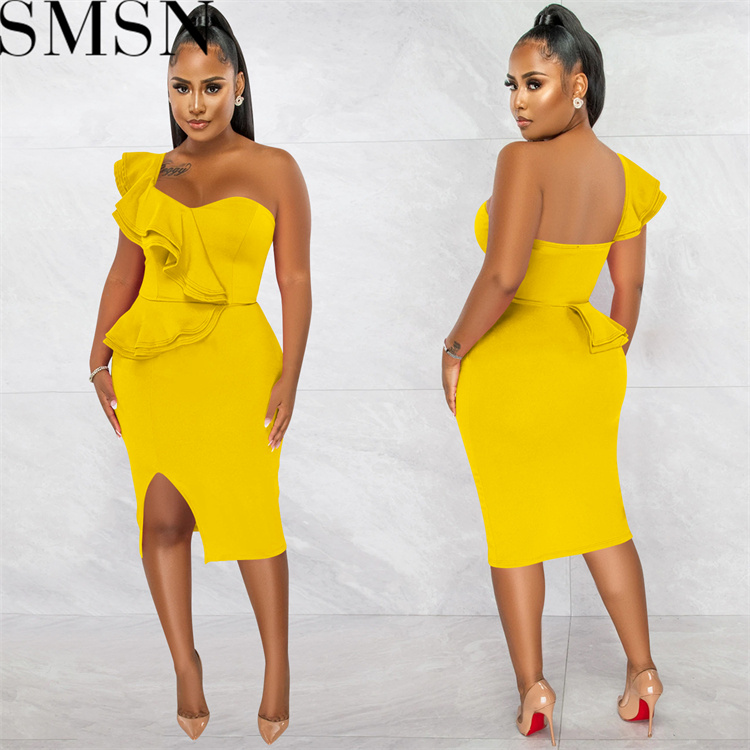Plus Size DressFashion casual ruffled split one shoulder sleeve dress