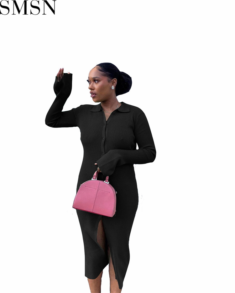 Fashion women dress Amazon long sleeve V neck long button bell sleeve dress sweater