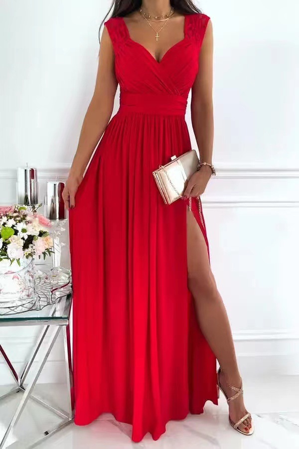 Sleeveless Lace Open Back Bottom Split Dress