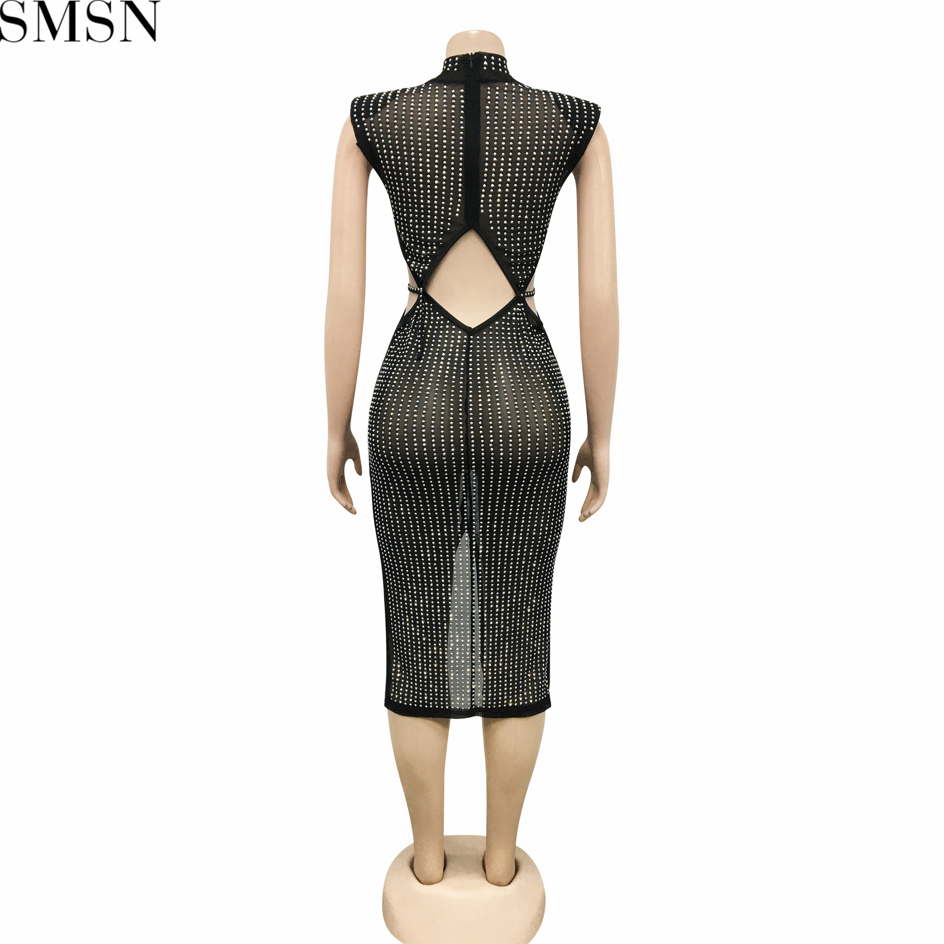 Fashion women dress sexy mesh see-through hot rhinestone hollow split dress women's clothing plus size casual dress