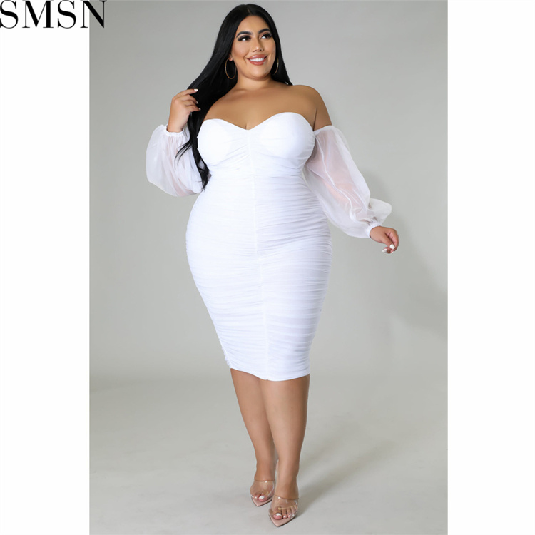 Plus Size Dress autumn new large size women dress skinny mesh pleated long sleeve one step dress