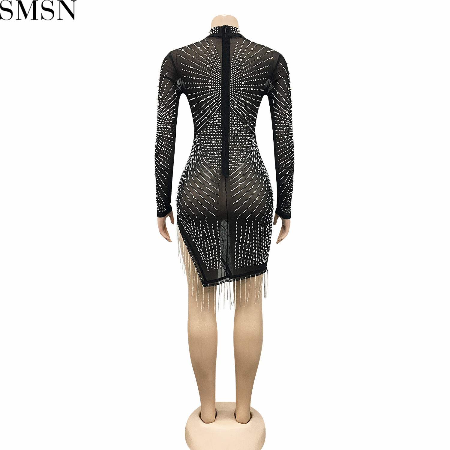 Fashion dress for women sexy nightclub mesh see-through hot rhinestone bubble bead tassel round-neck long-sleeved dress