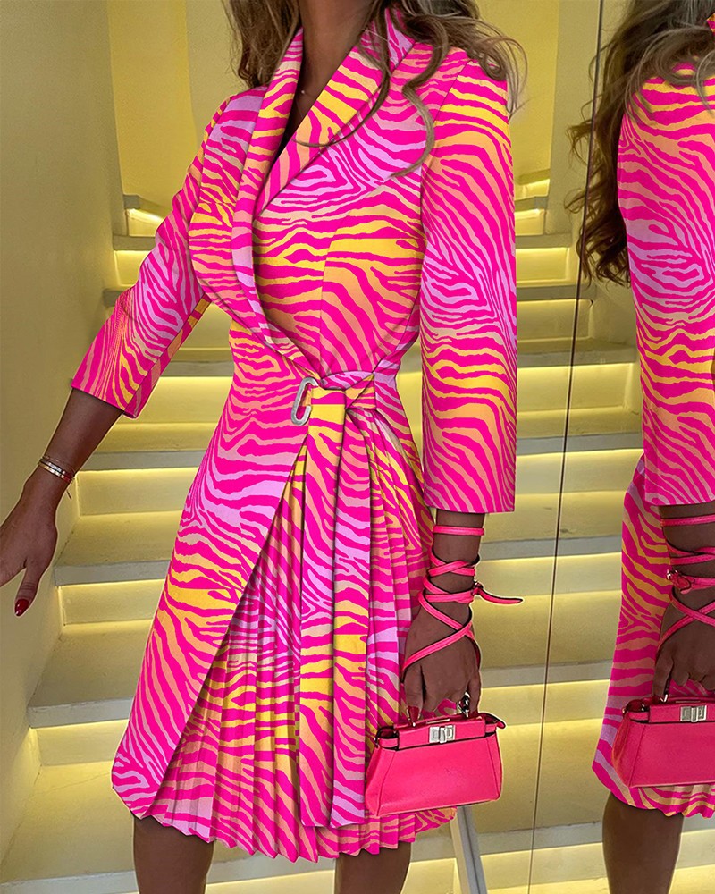 Embossed V-Neck Fashion Tie Pleated Dress For Women