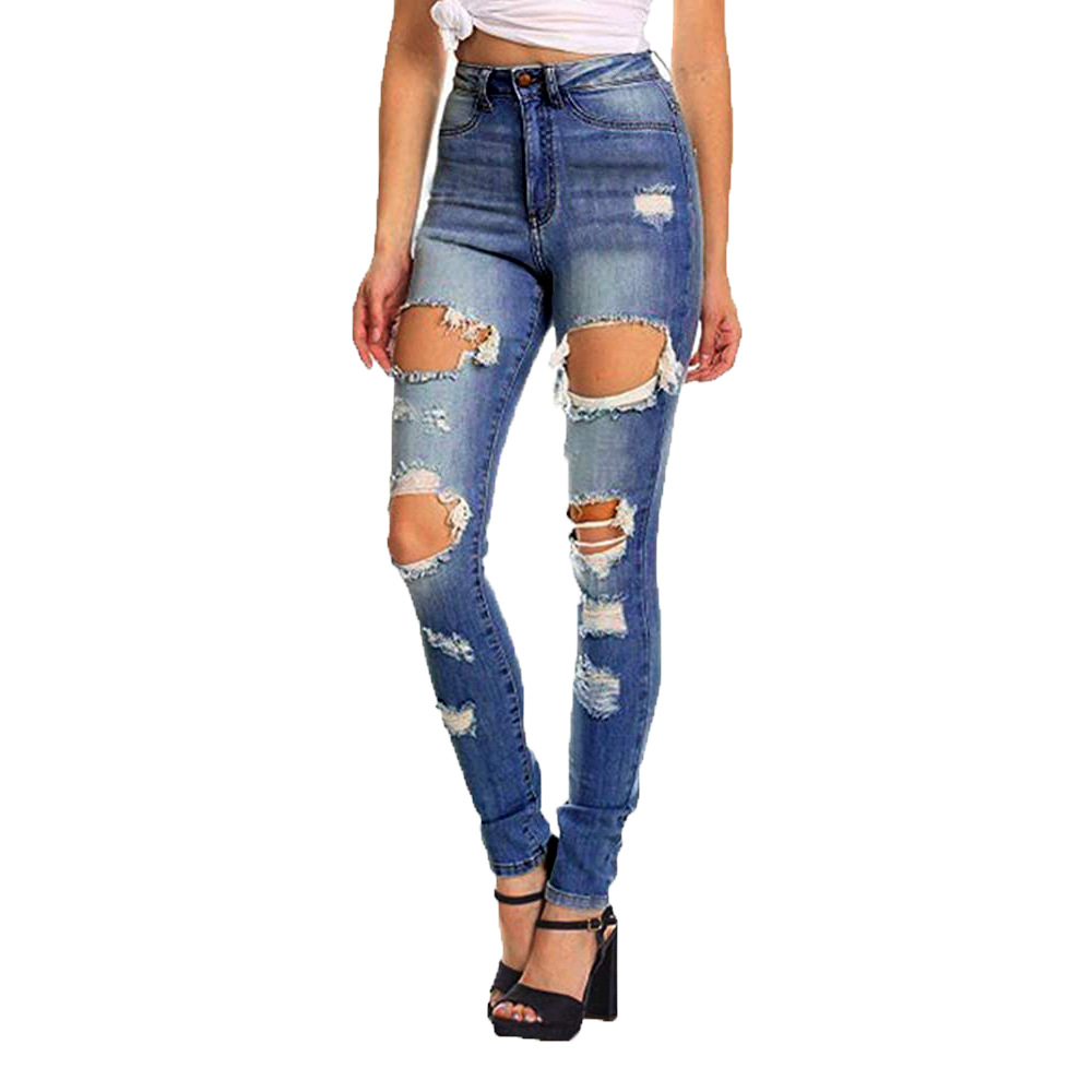Fashion high waist denim tight pants with holes