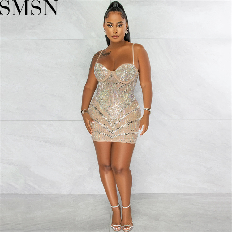 Casual Dress Amazon nightclubs hot rhinestone sexy see through wrapped chest midi dress