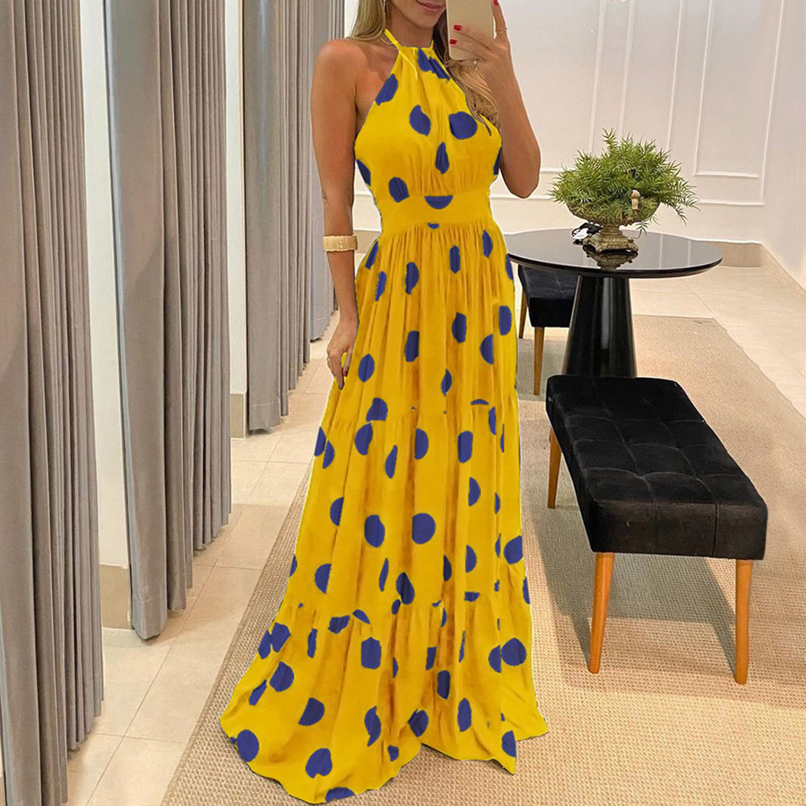 Bohemian Neck Strap Digital Printed Long Dress