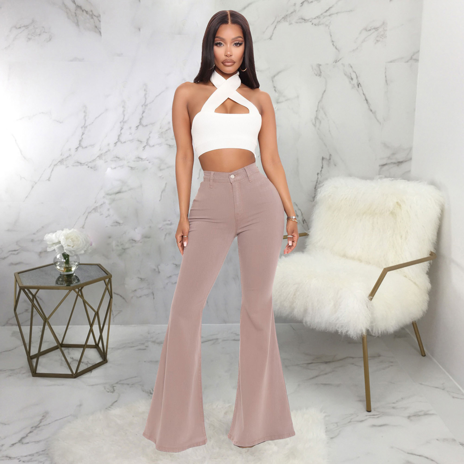 Fashion high waist elastic denim flared pants