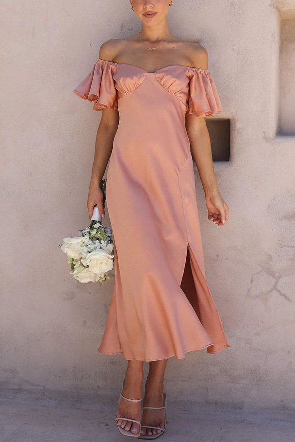 Satin Short Sleeves Sexy One Line Neck Pleated Dress