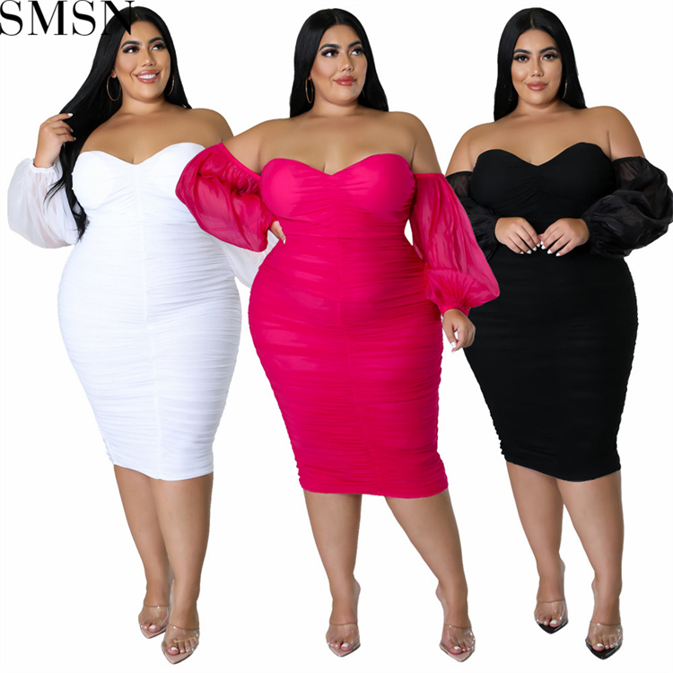 Plus Size Dress autumn new large size women dress skinny mesh pleated long sleeve one step dress