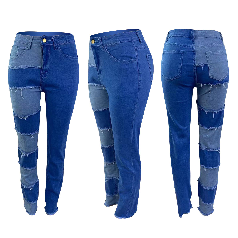 High elastic patch worn straight jeans