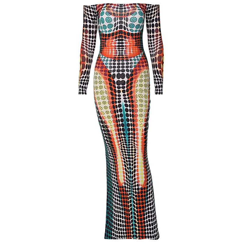 Women'S Characteristic False One-Word Neck Splicing Long-Sleeved Slim-Fit Swing Skirt Dress