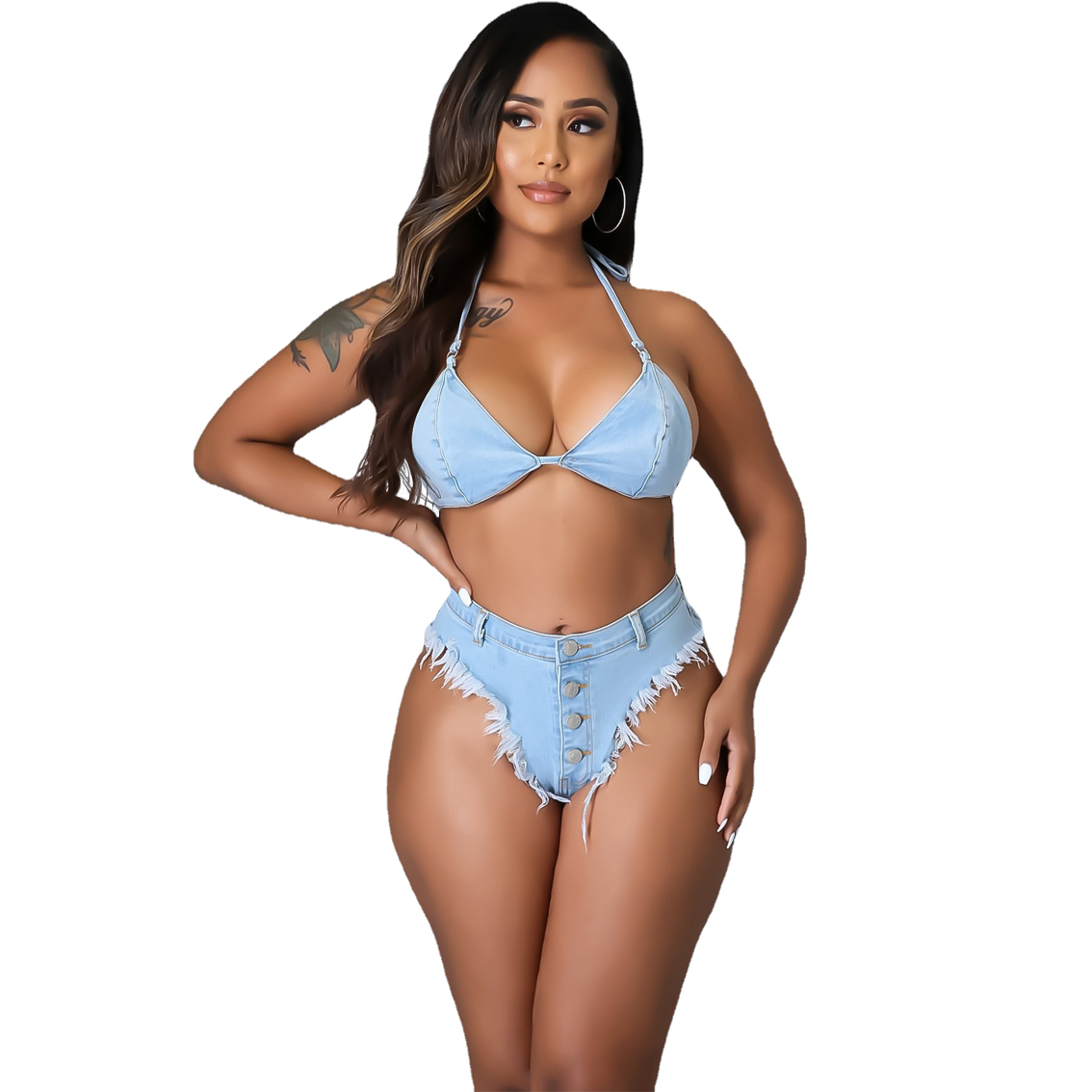 Bandage tassel sexy bikini denim suit