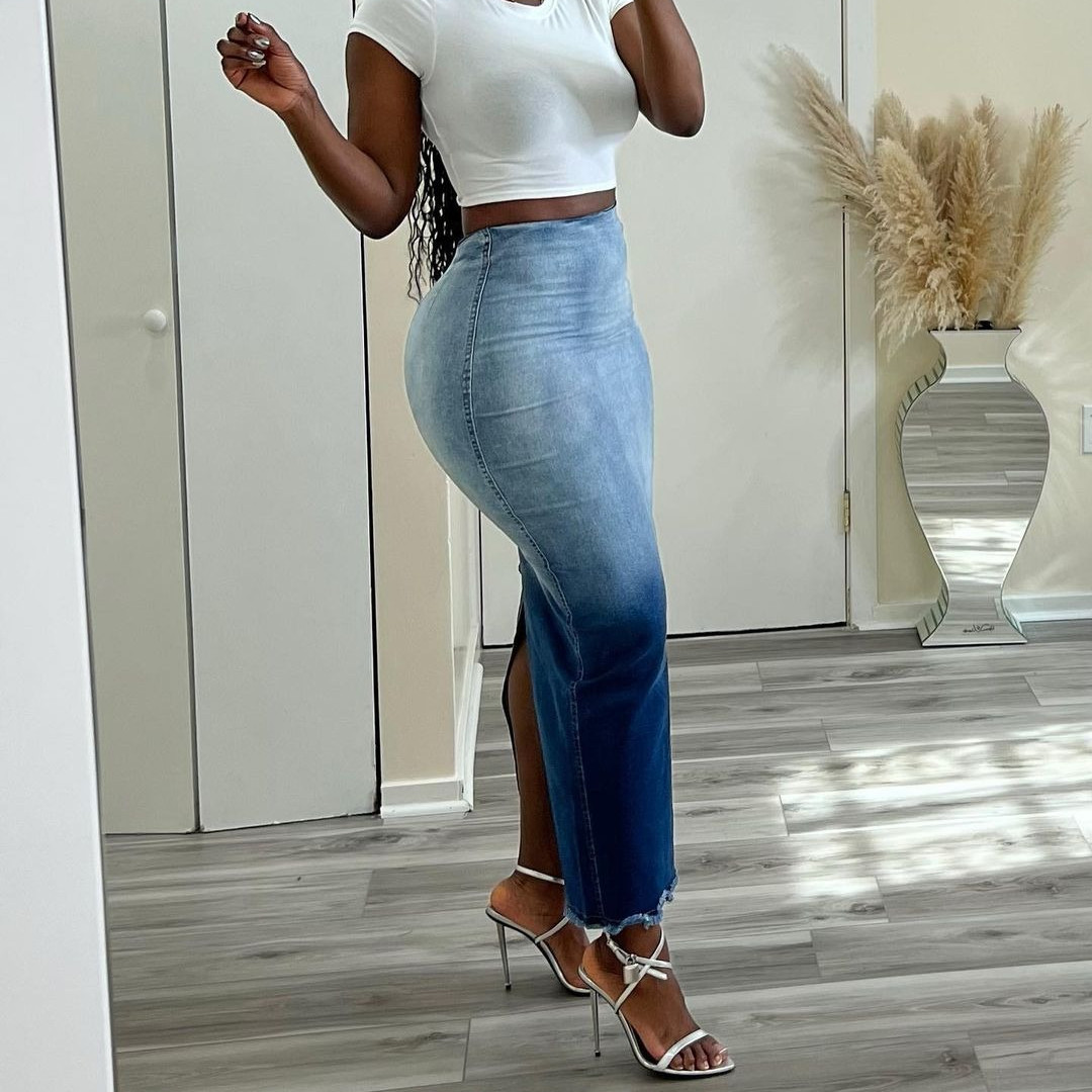 Fashion Burnt Flower Split Tassel Denim Skirt