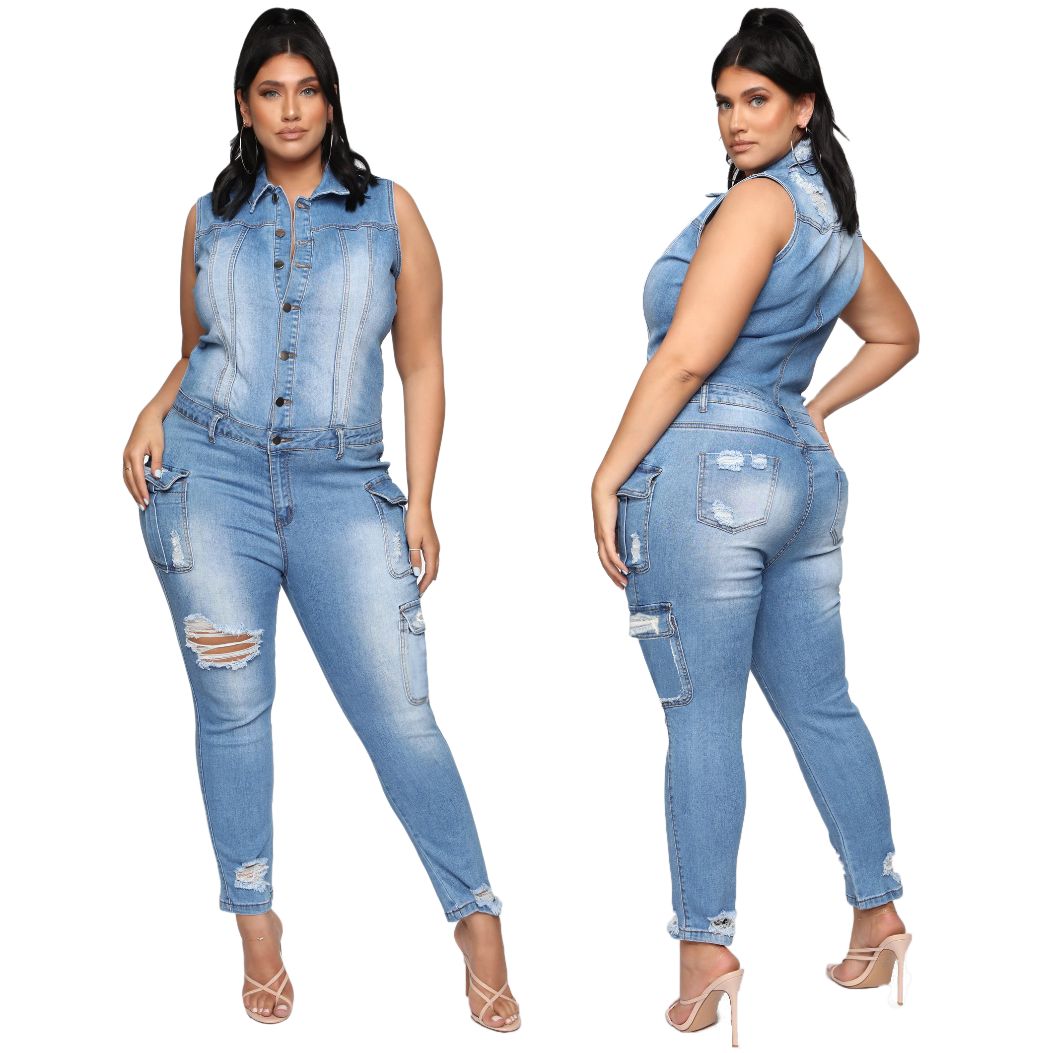 Casual slim hole denim Jumpsuit