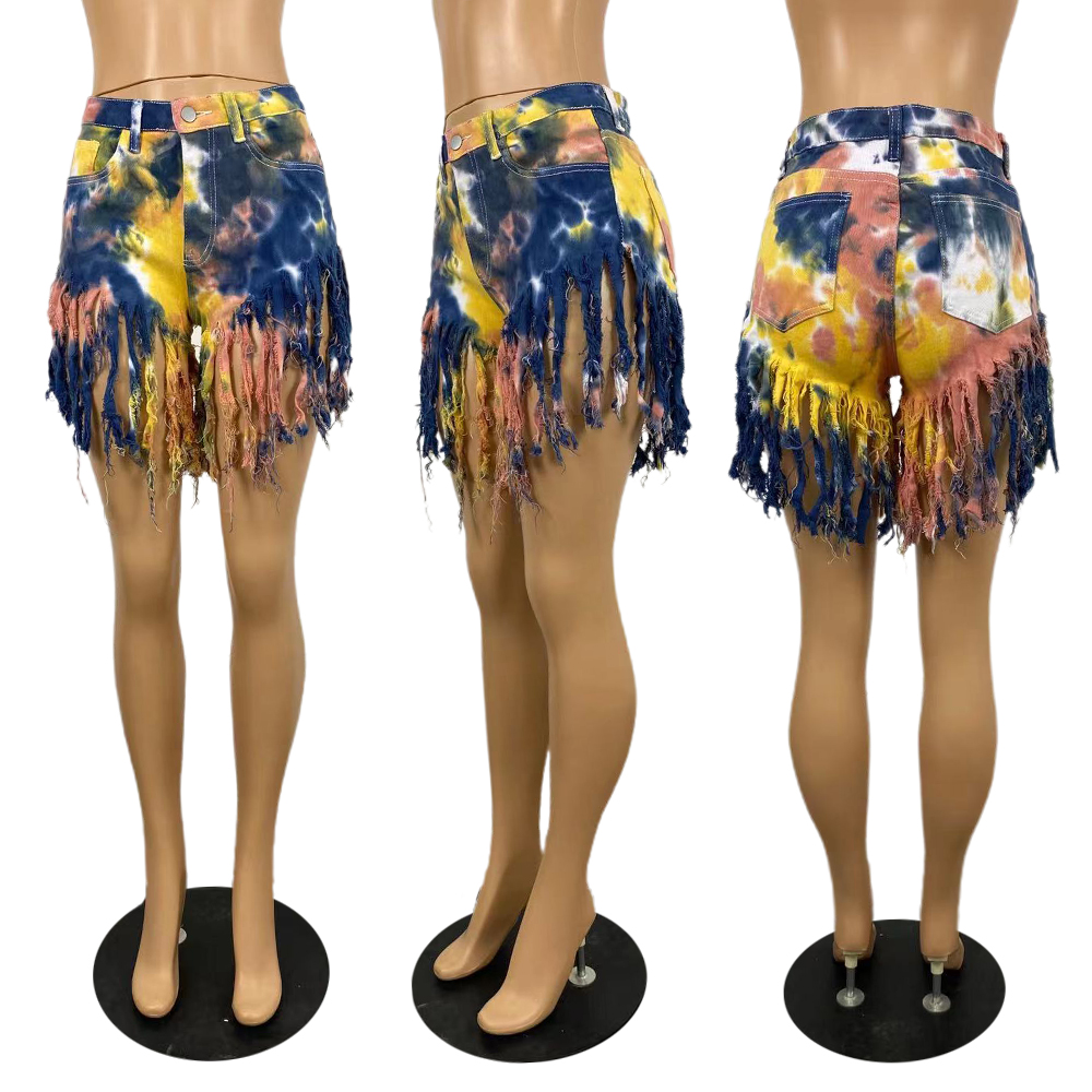 Tie dyed denim shorts with tassels