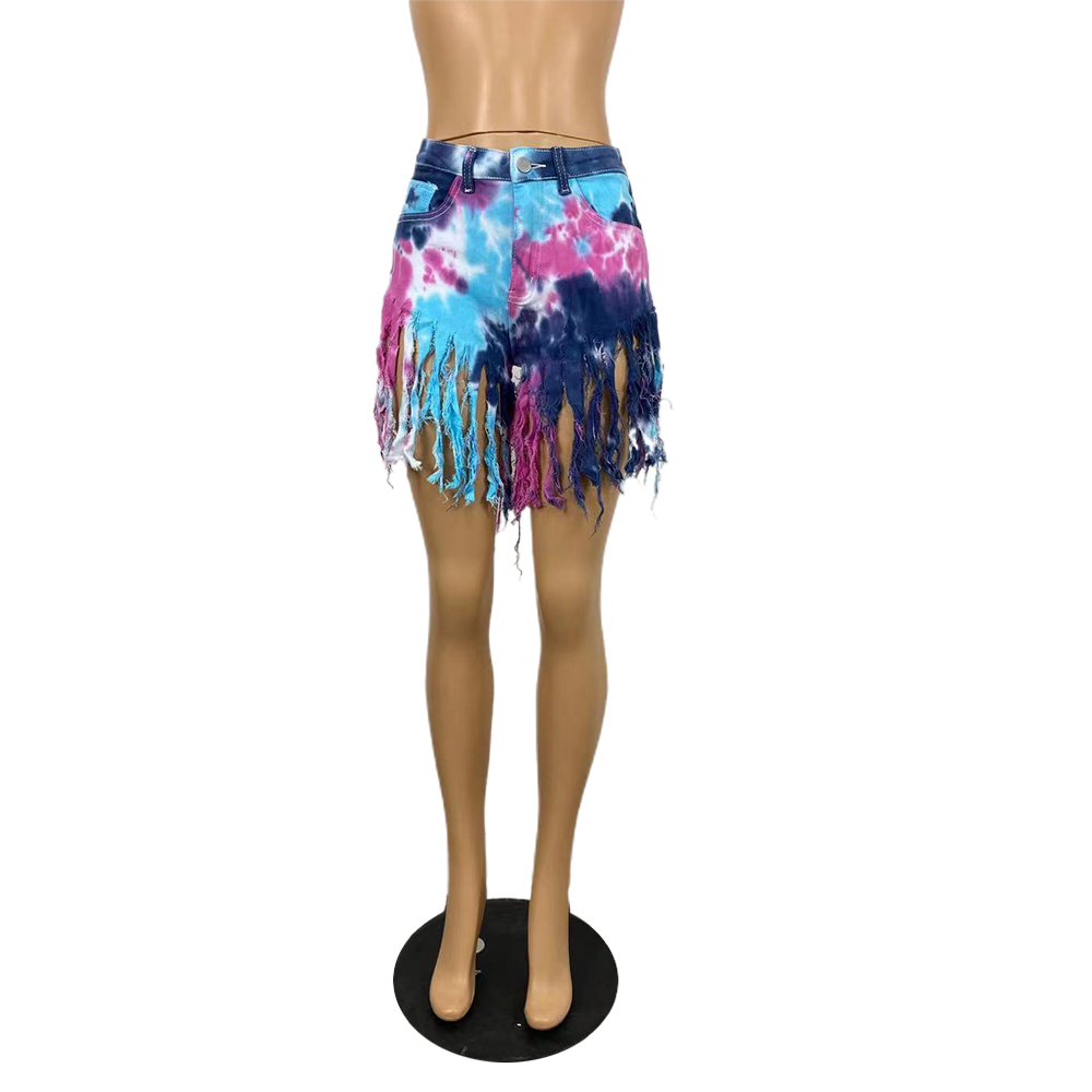 Tie dyed denim shorts with tassels
