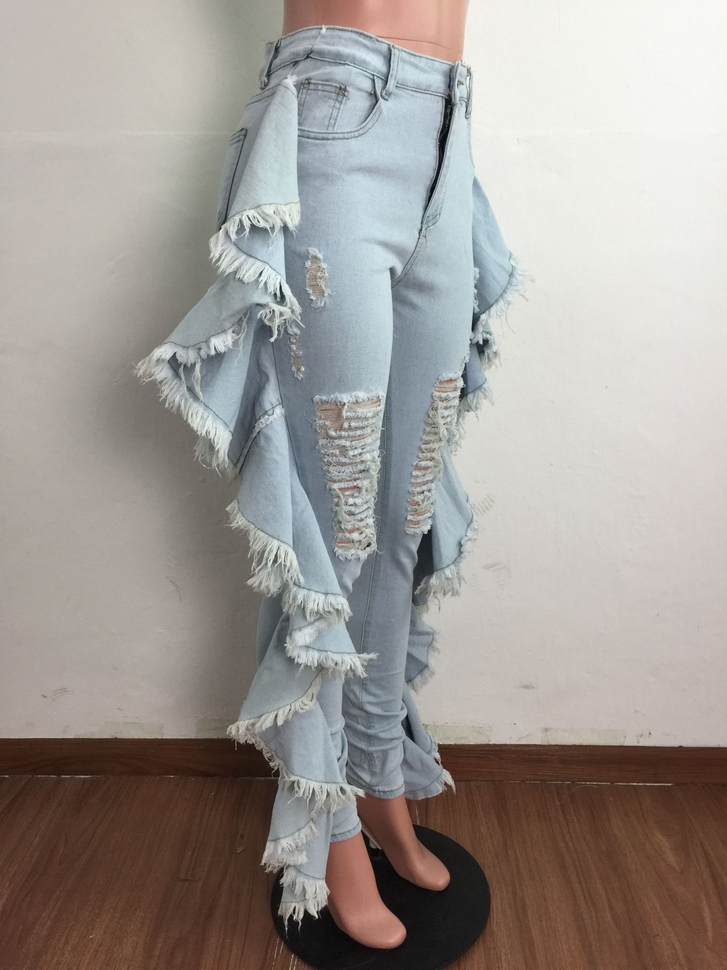 Tassels wash holes slim sexy jeans