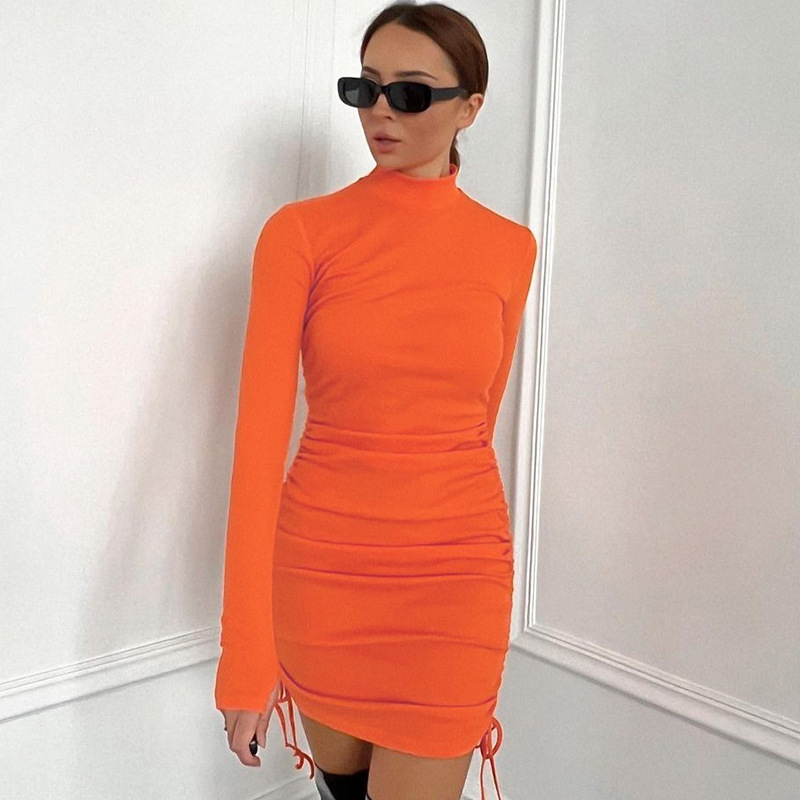 Women'S Solid Color Slim Side Drawstring Long Sleeve Dress