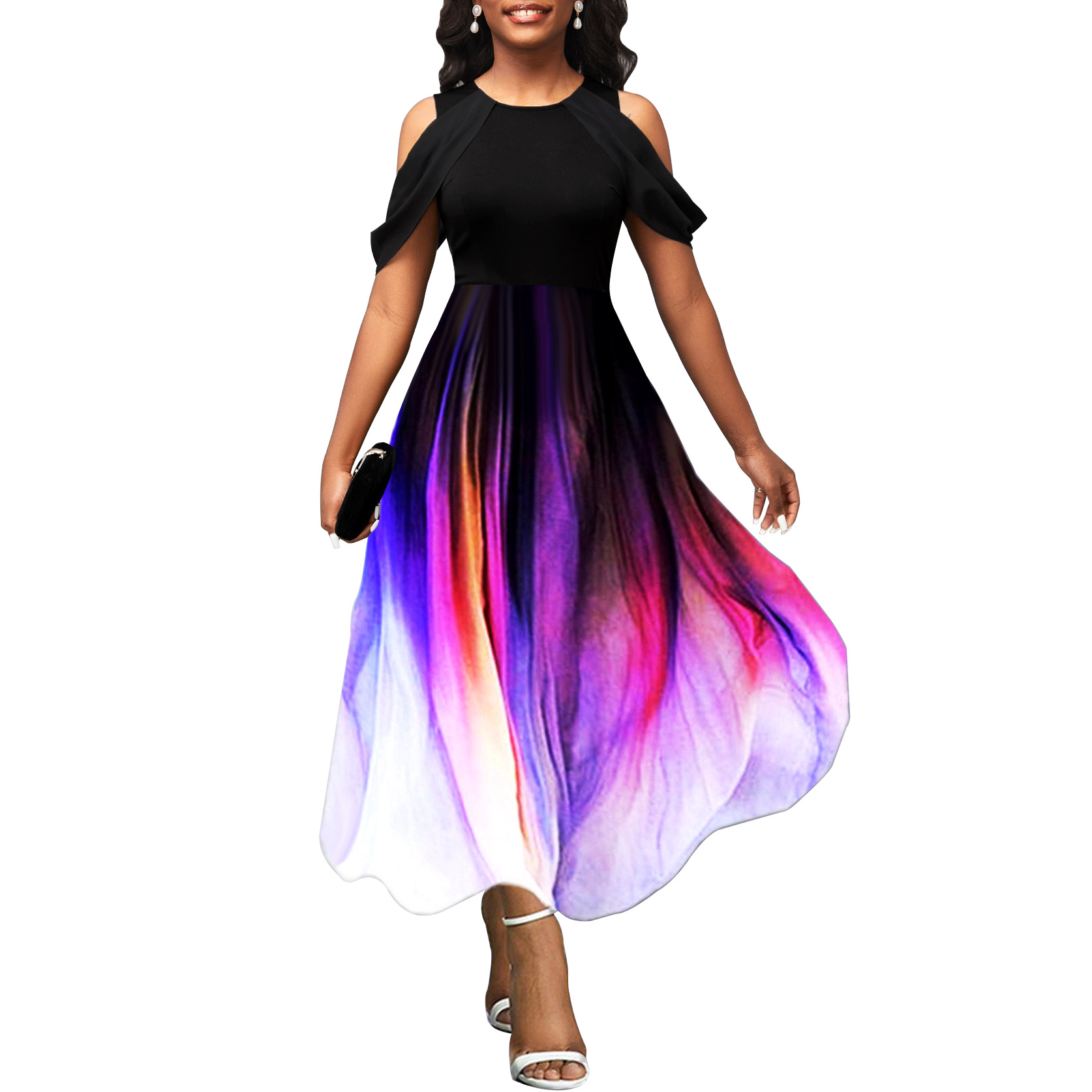Sexy Off Shoulder Gradient Printed Short Sleeve Long Dress