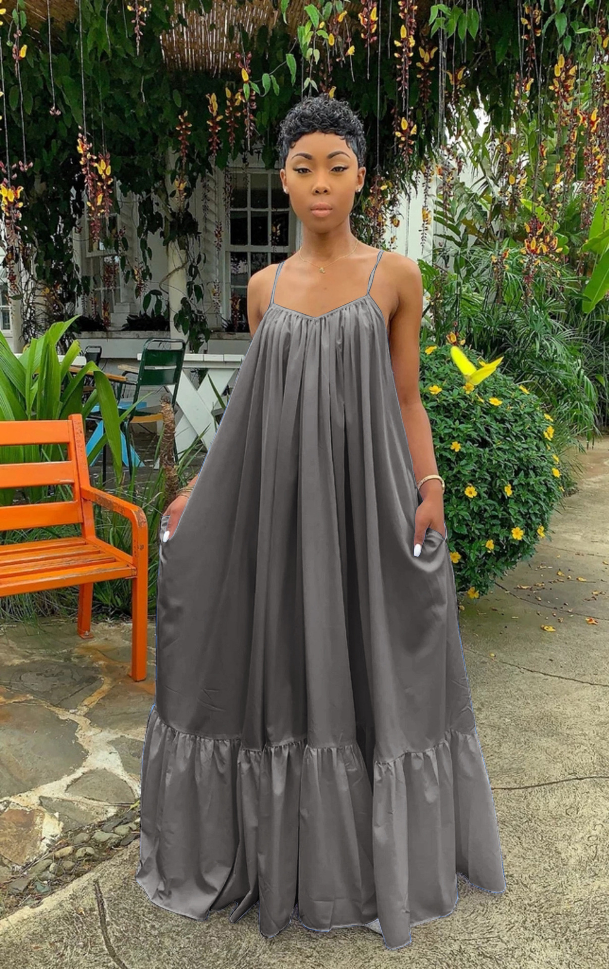 Sexy Slingless Sleeveless Solid Color Long Swing Dress