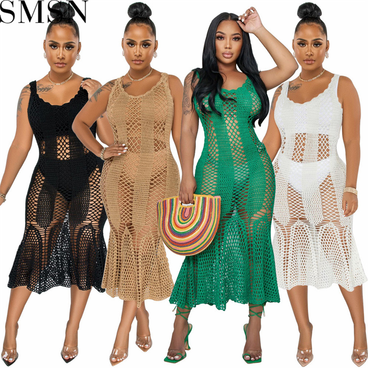 Fashion women dress Amazon Ins Style Sexy Cutout Strap Blouse Hand Crochet Knitted Dress