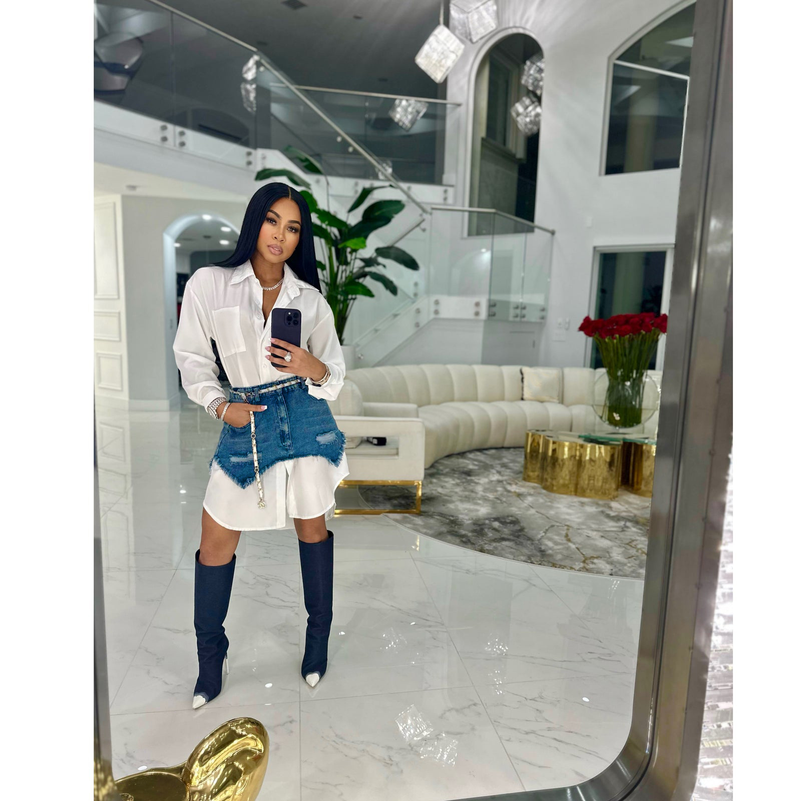 Fashion Denim Nimi Skirt Long Sleeve Casual Shirt Dress 2 Piece Set