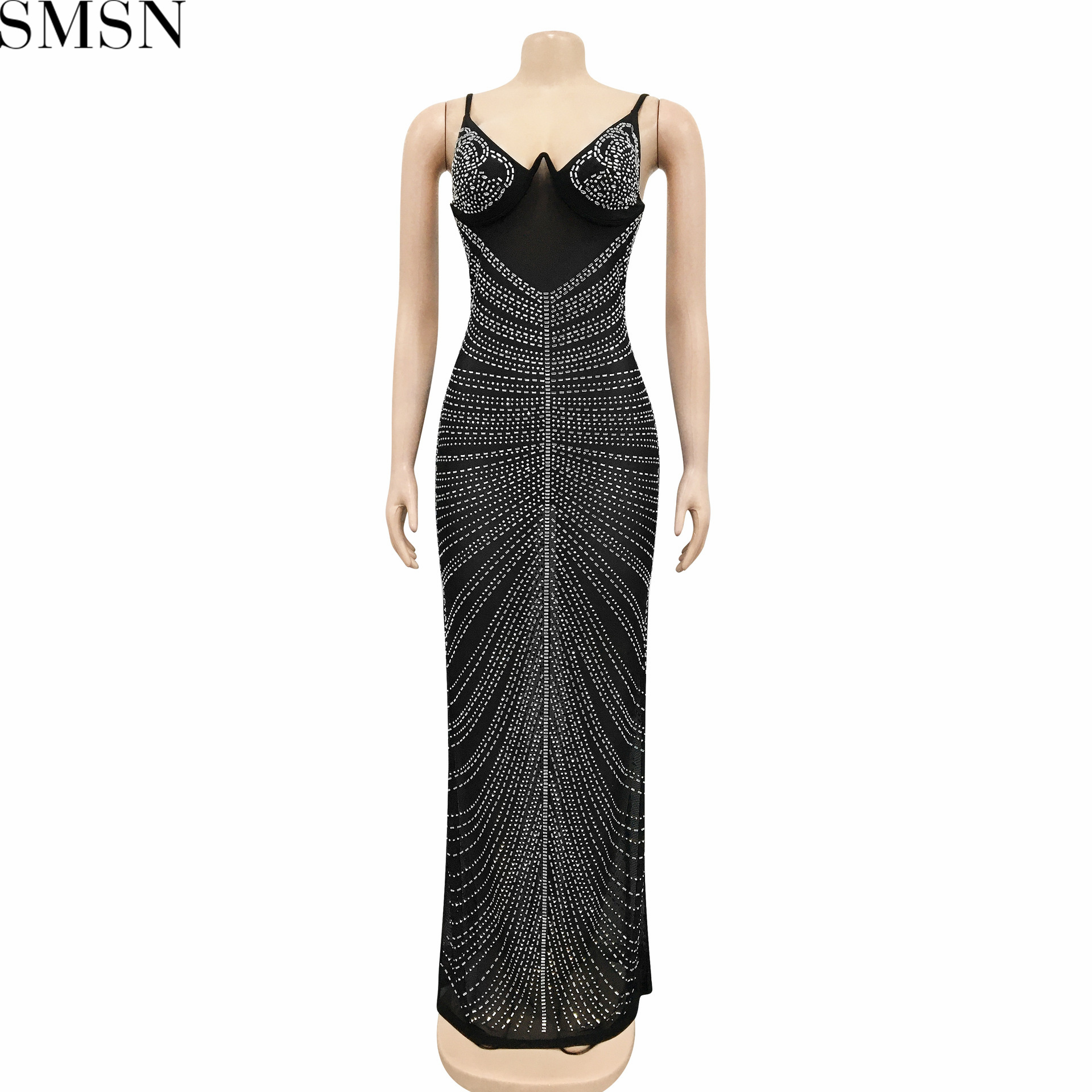 Plus Size Dress new hot rhinestone sexy spaghetti straps chest wrap mesh see-through maxi dress