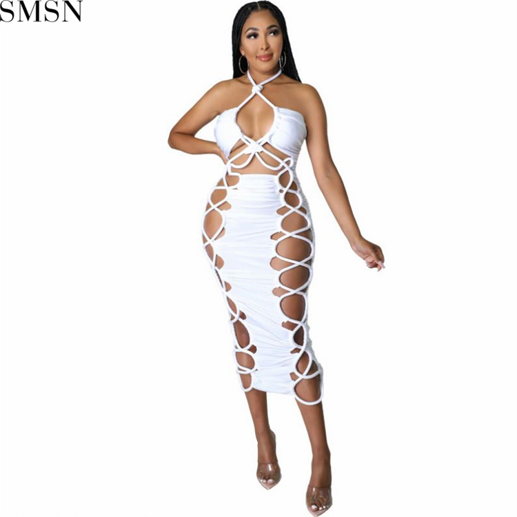 Fashion dress for women 2022 European and American neck hanging hollow tight suspender sexy nightclub dress