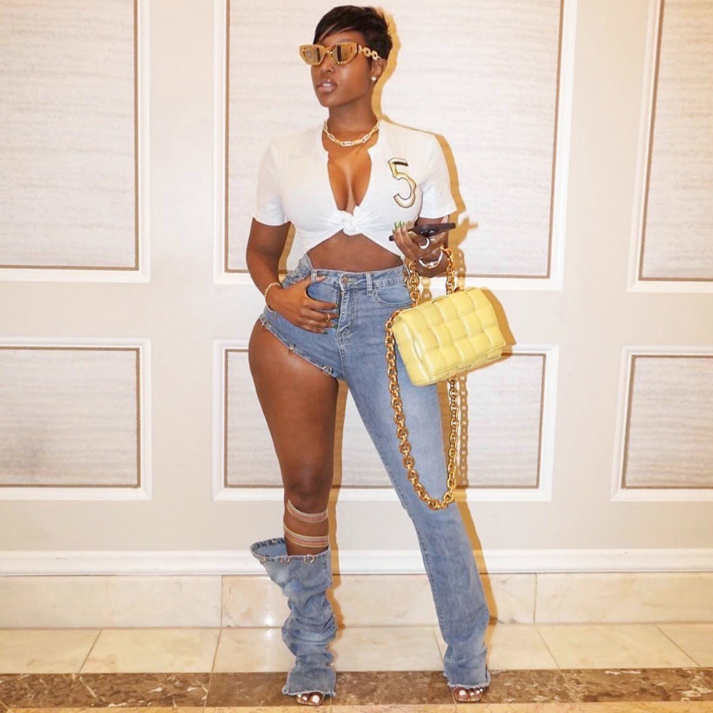 Denim high waist straight fitting trousers