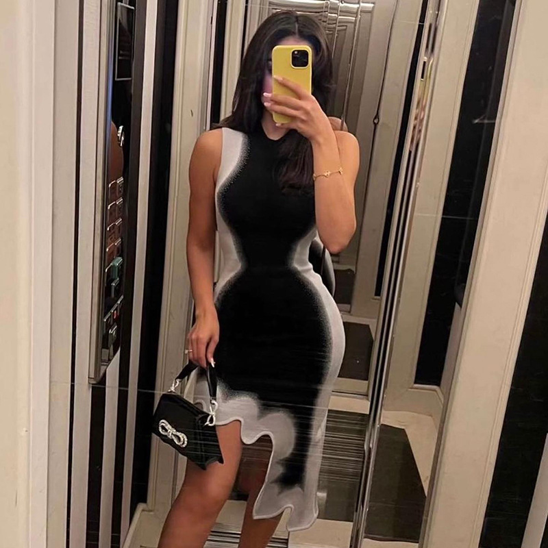 Women'S Round Neck Gradient Print Sleeveless Irregular Hem Dress