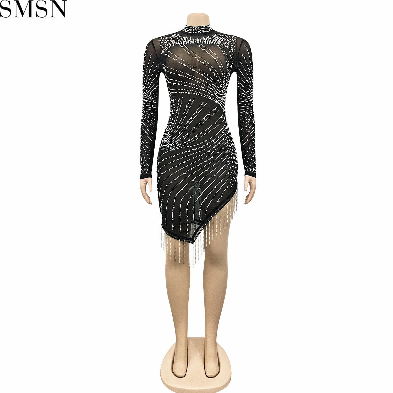 Fashion dress for women sexy nightclub mesh see-through hot rhinestone bubble bead tassel round-neck long-sleeved dress
