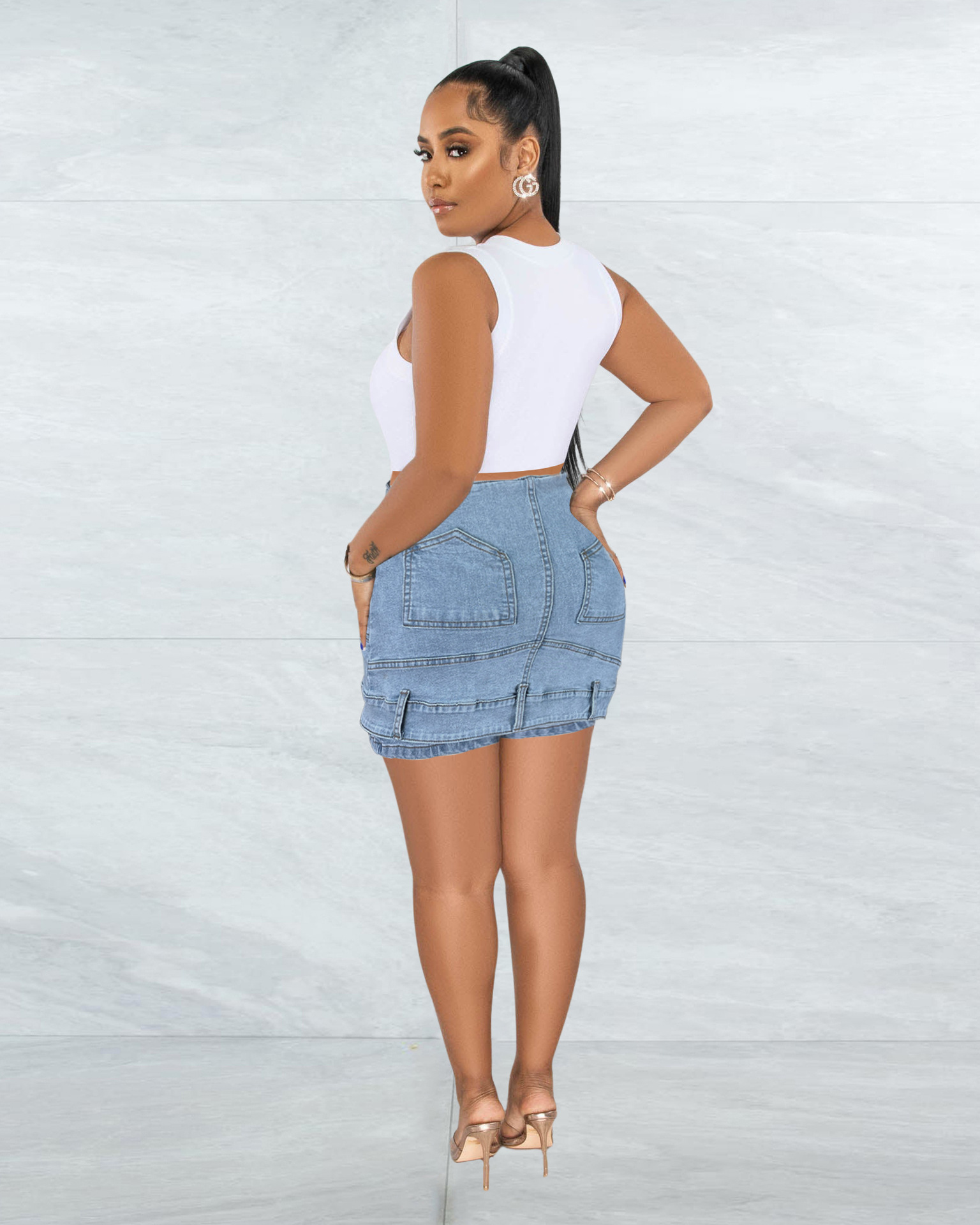 Women's Washed Street Irregular High Waist Elastic Denim Skirt